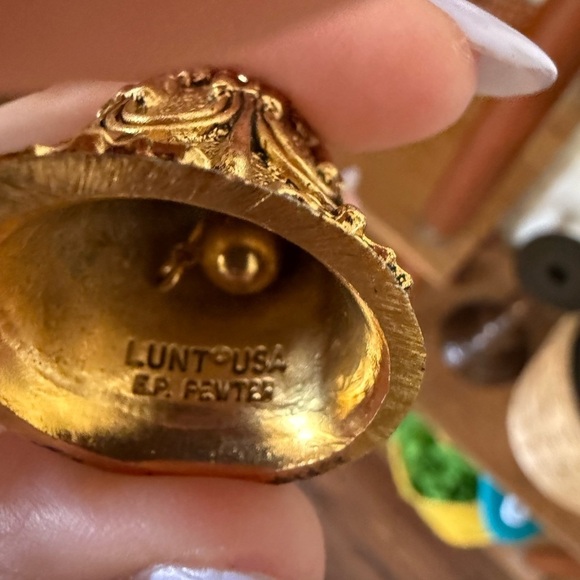 Vintage Lunt EP Pewter Gold Angel Christmas Bell Ornate Ornament Made In USA - Picture 8 of 8